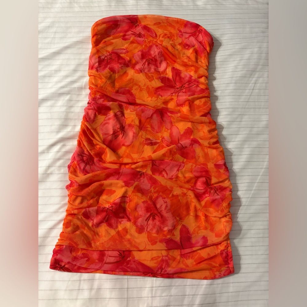 SHEIN Strapless Dress - Vibrant Orange and Red Floral